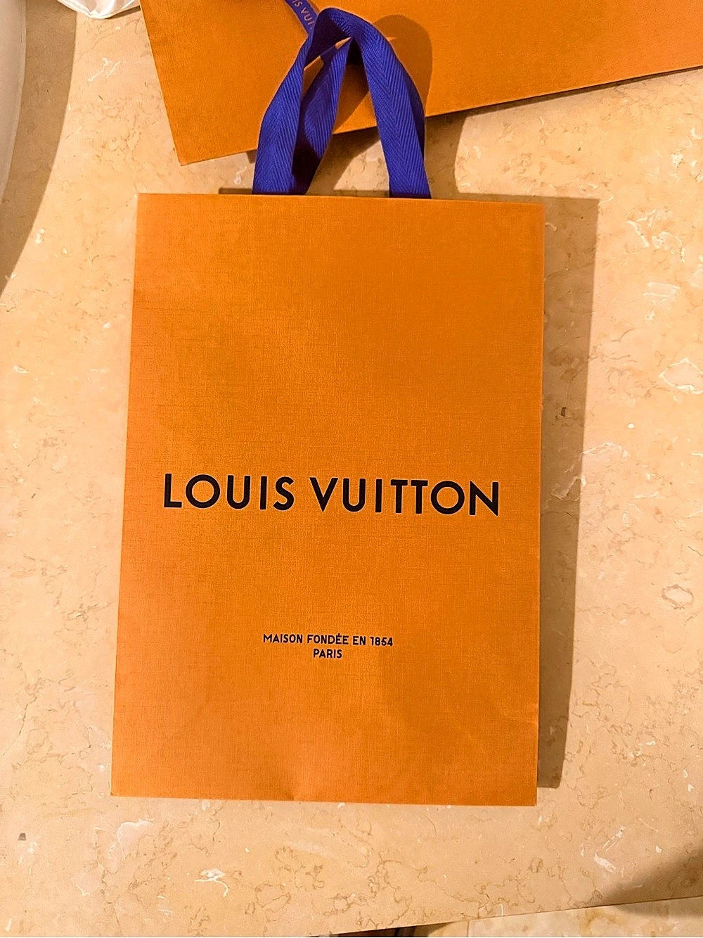 Louis Vuitton Orange Shopping Bag with Blue Handles